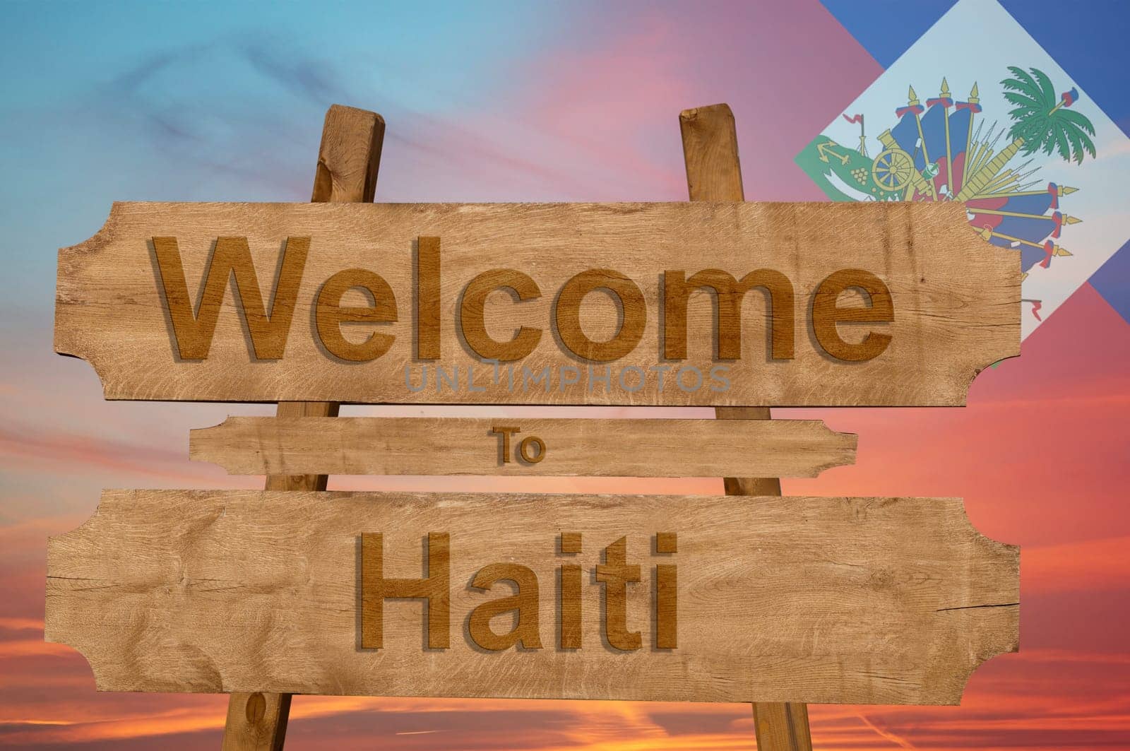welcome to haiti sing on wood background with blending national flag