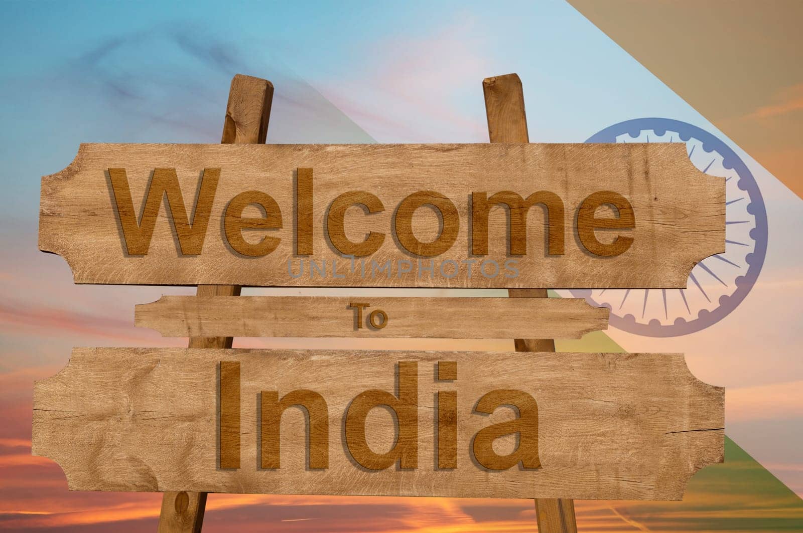welcome to india sing on wood background with blending national flag