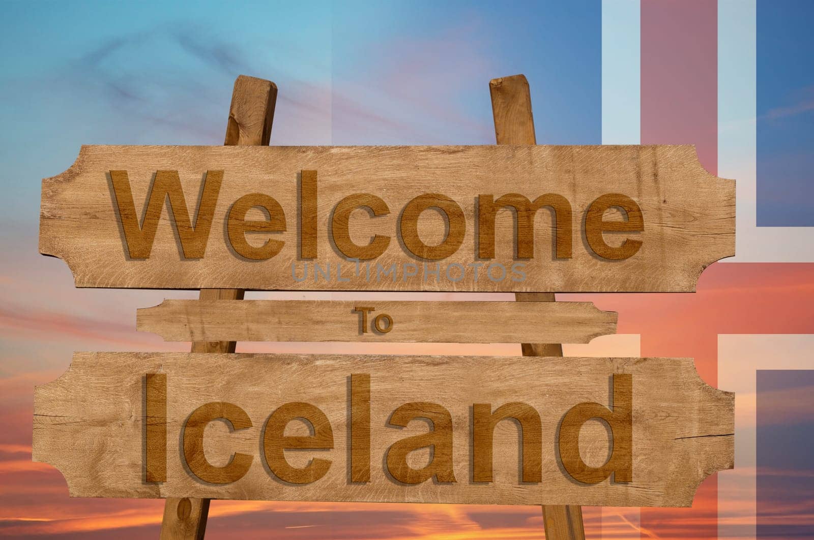 welcome to iceland sing on wood background with blending national flag