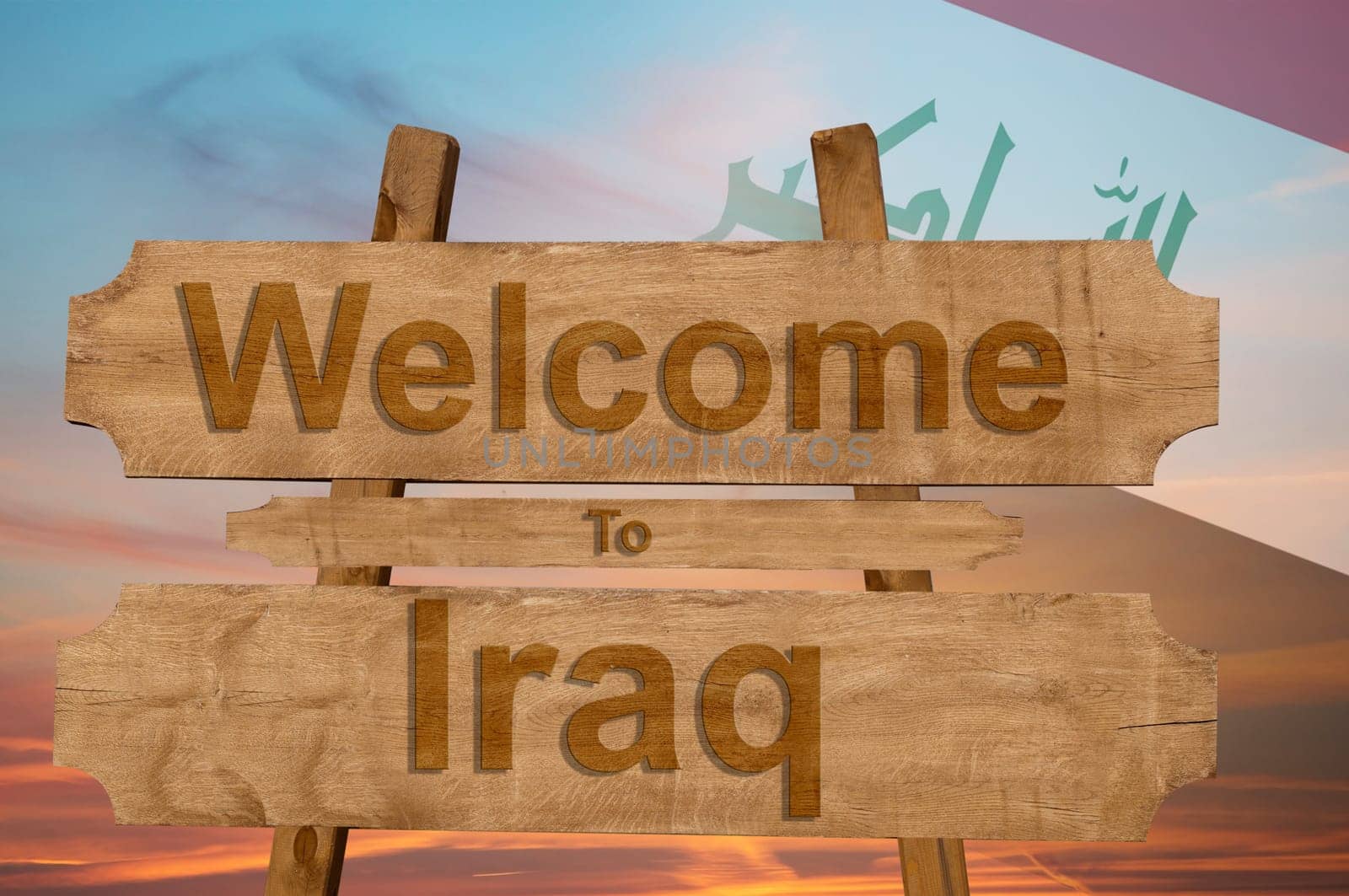 welcome to iraq sing on wood background with blending national flag