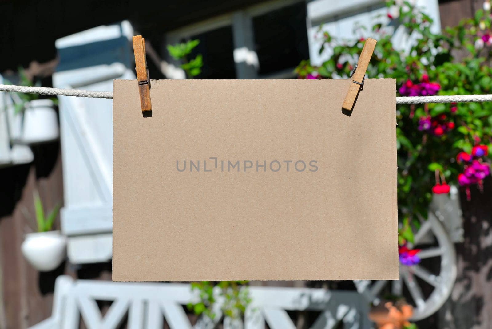 Sheet of paper on clothesline in front of colorful flowers