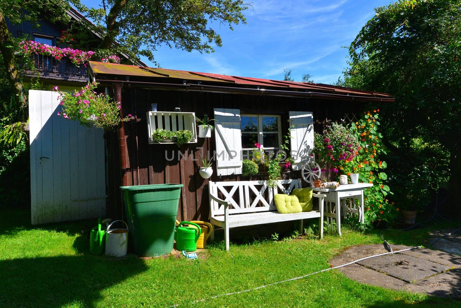 Garden hut in summer with lots of flowers