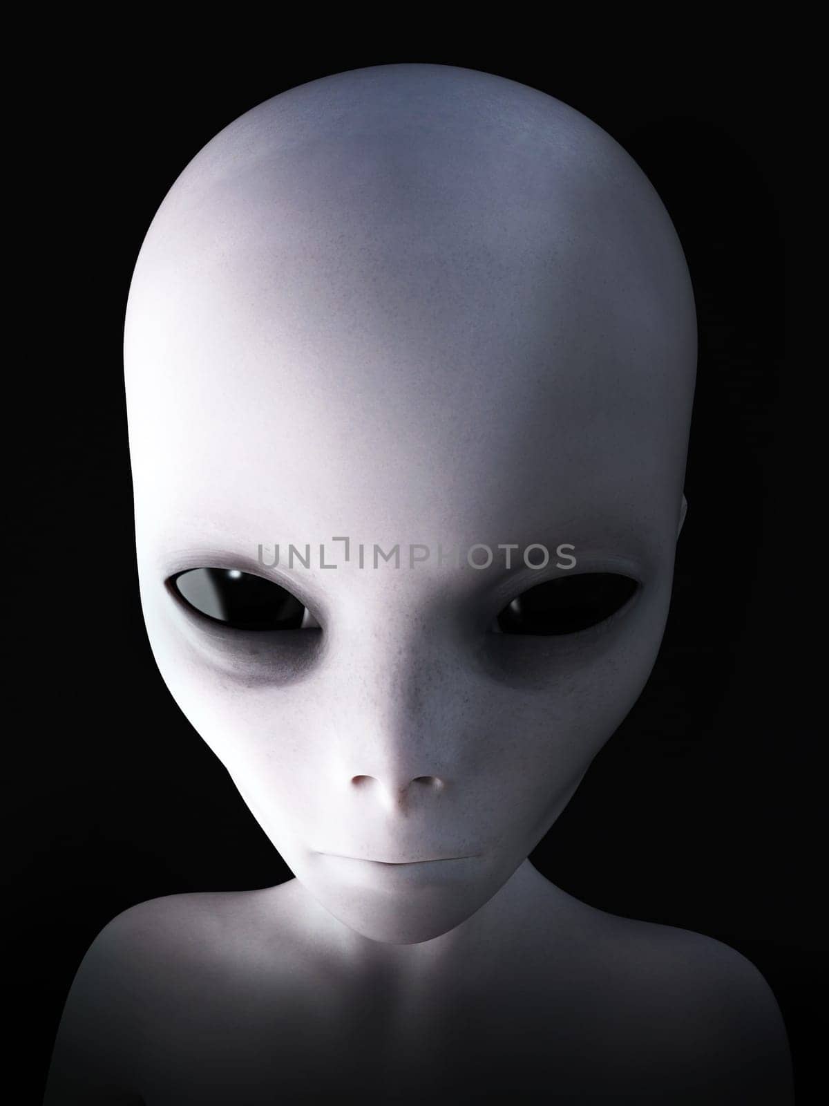 Portrait of an alien, 3D rendering. Black background.