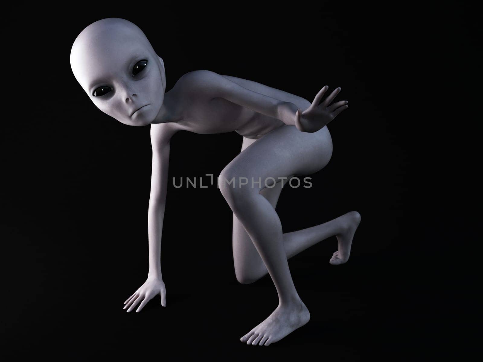 Portrait of an alien crouching and holding its hand out in front of it, 3D rendering. Black background.