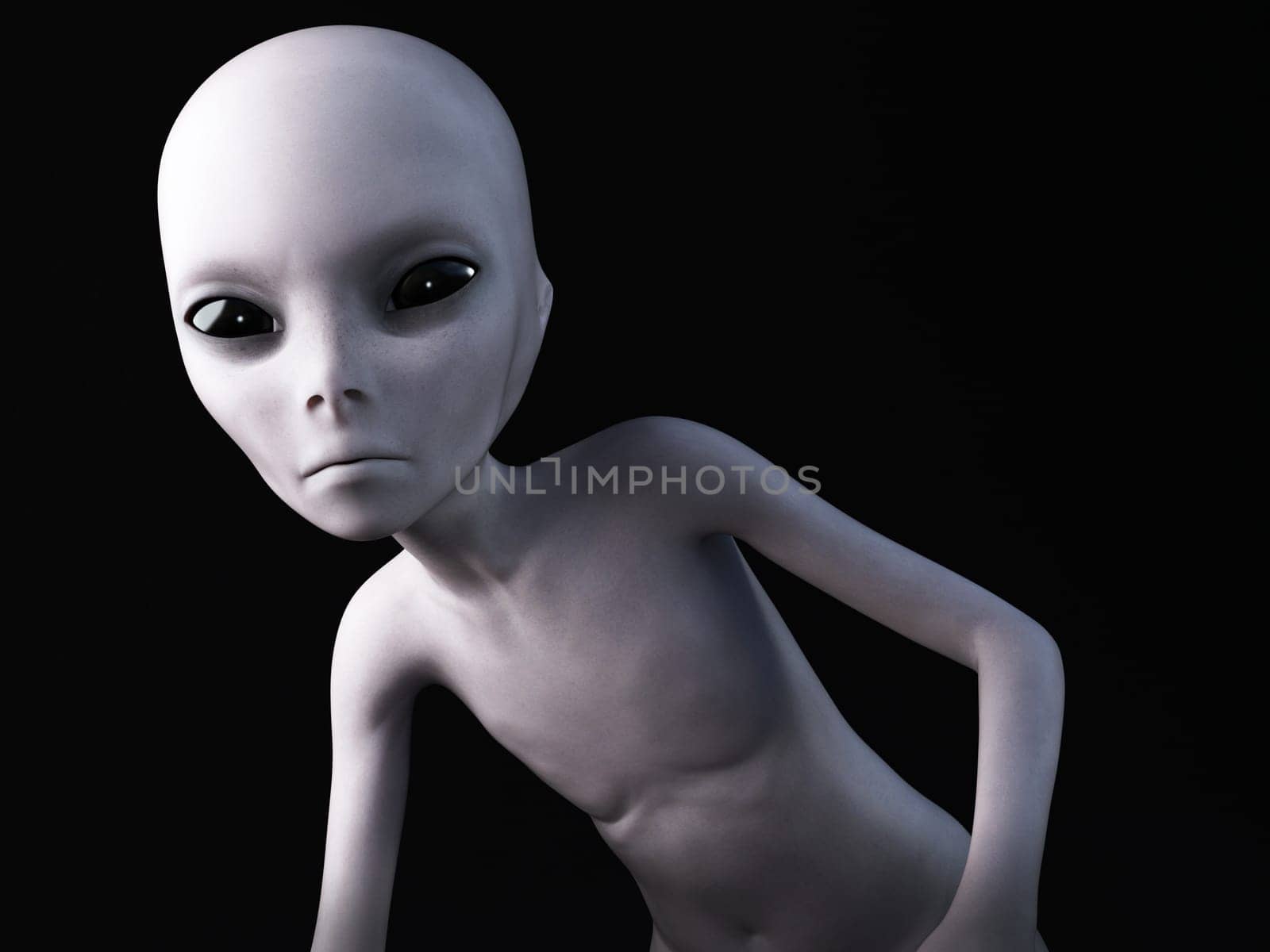 Portrait of an alien, 3D rendering. Black background.