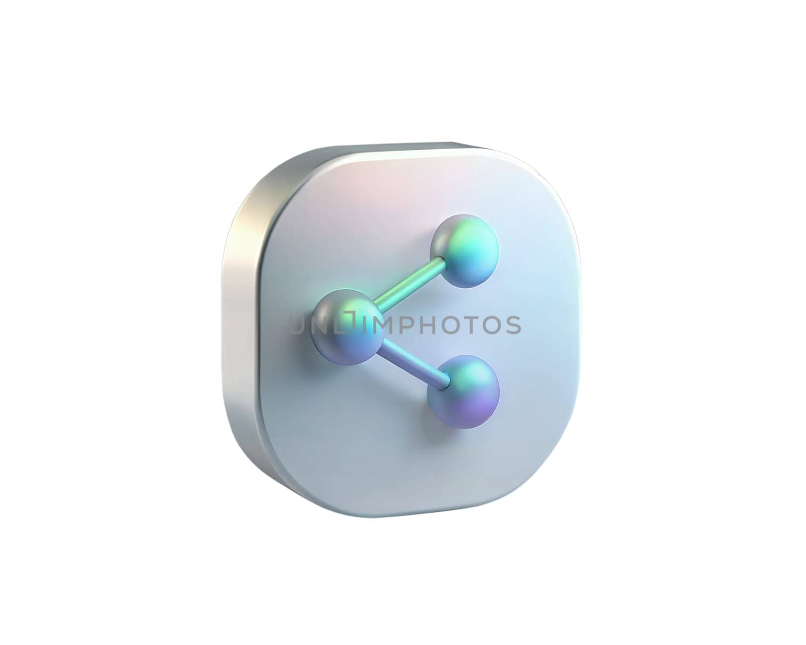 A futuristic 3D icon representing the concept of sharing, with glowing spheres and connecting lines, isolated on white background. Perfect for social media, technology, and digital communication themes.