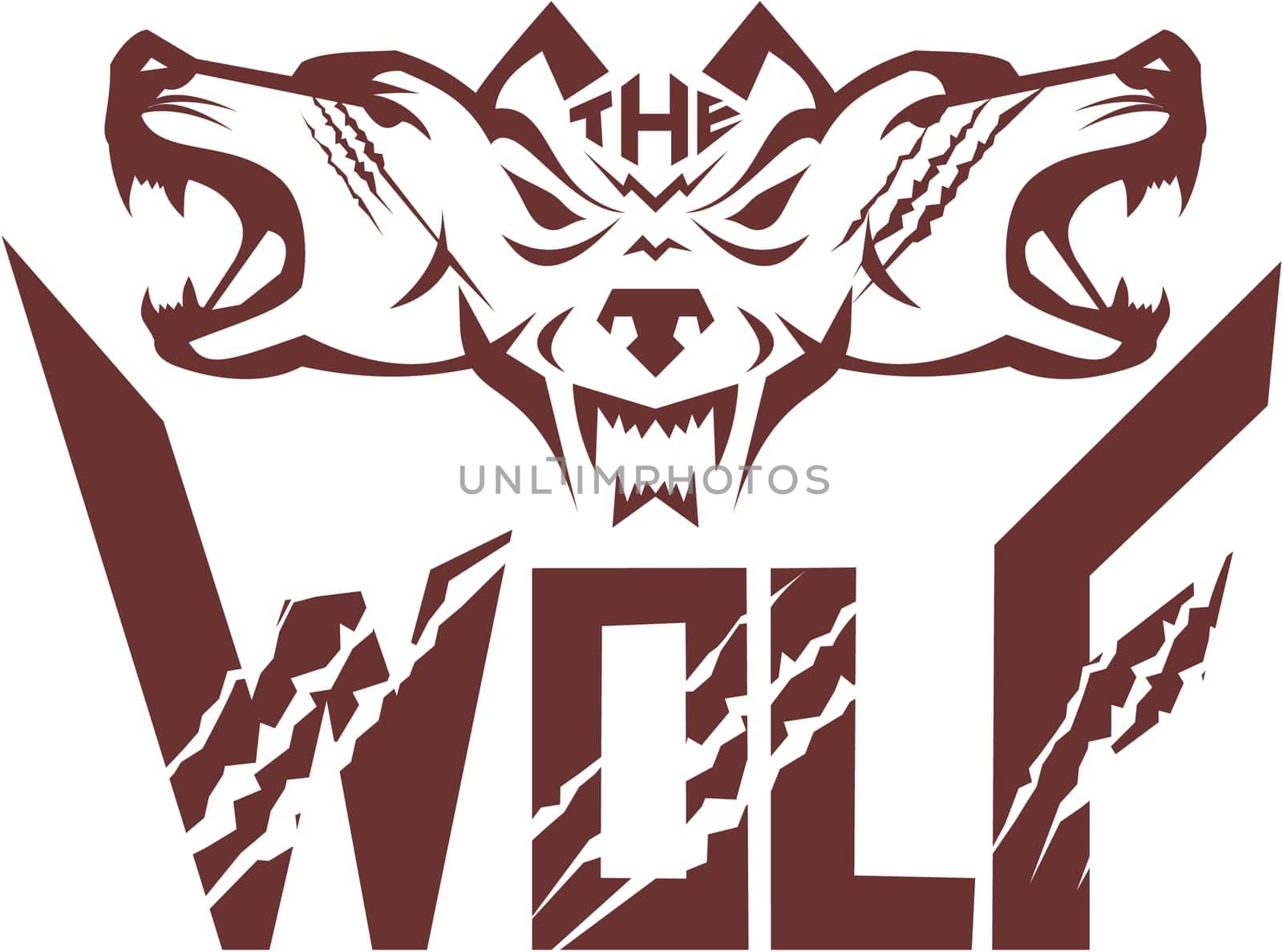 Illustration of a pack of wolf heads viewed from front set on isolated white background with the text word The Wolf done in retro style.