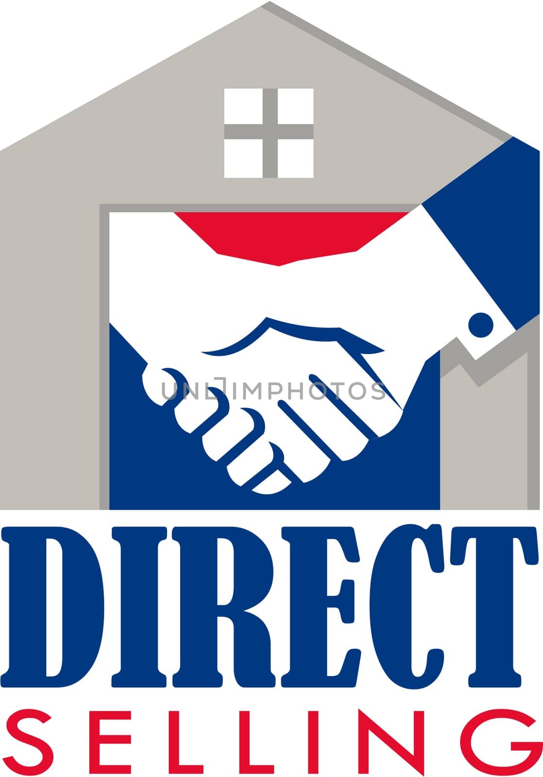 Illustration of a handshake set inside a house with the words text Direct Selling done in retro style.