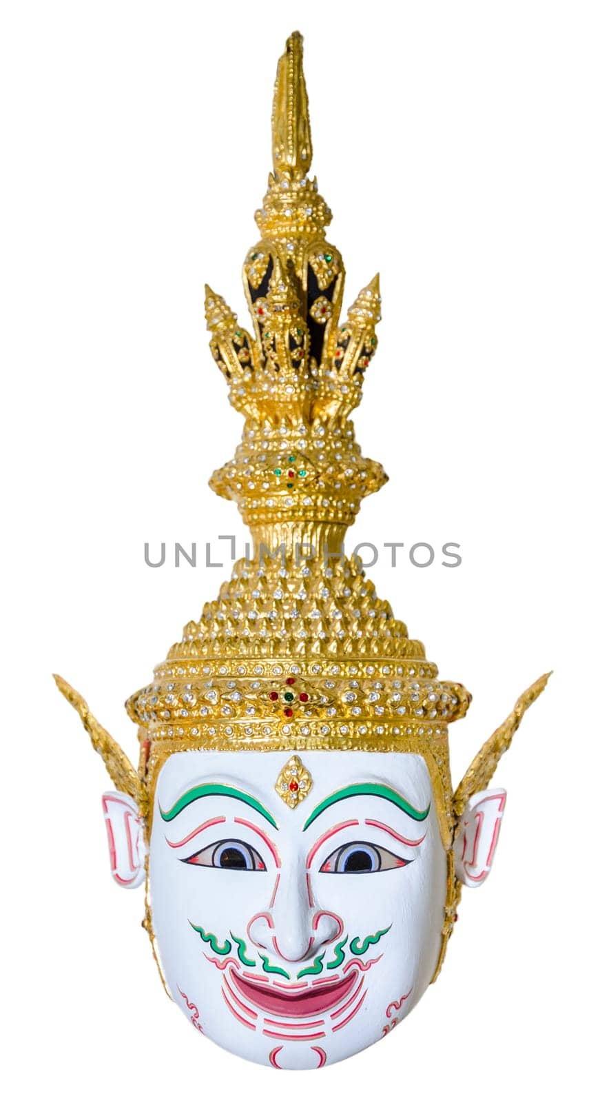 White actor's mask used head wear for staging isolated on white background, The traditional culture pantomime in Thailand