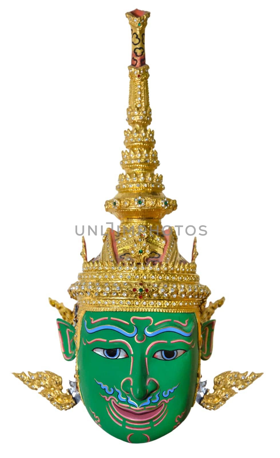 Green actor's mask used head wear for staging isolated on white background, The traditional culture pantomime in Thailand