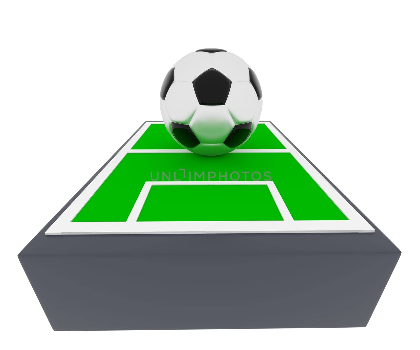 Soccer field with a big soccer ball, 3d rendering