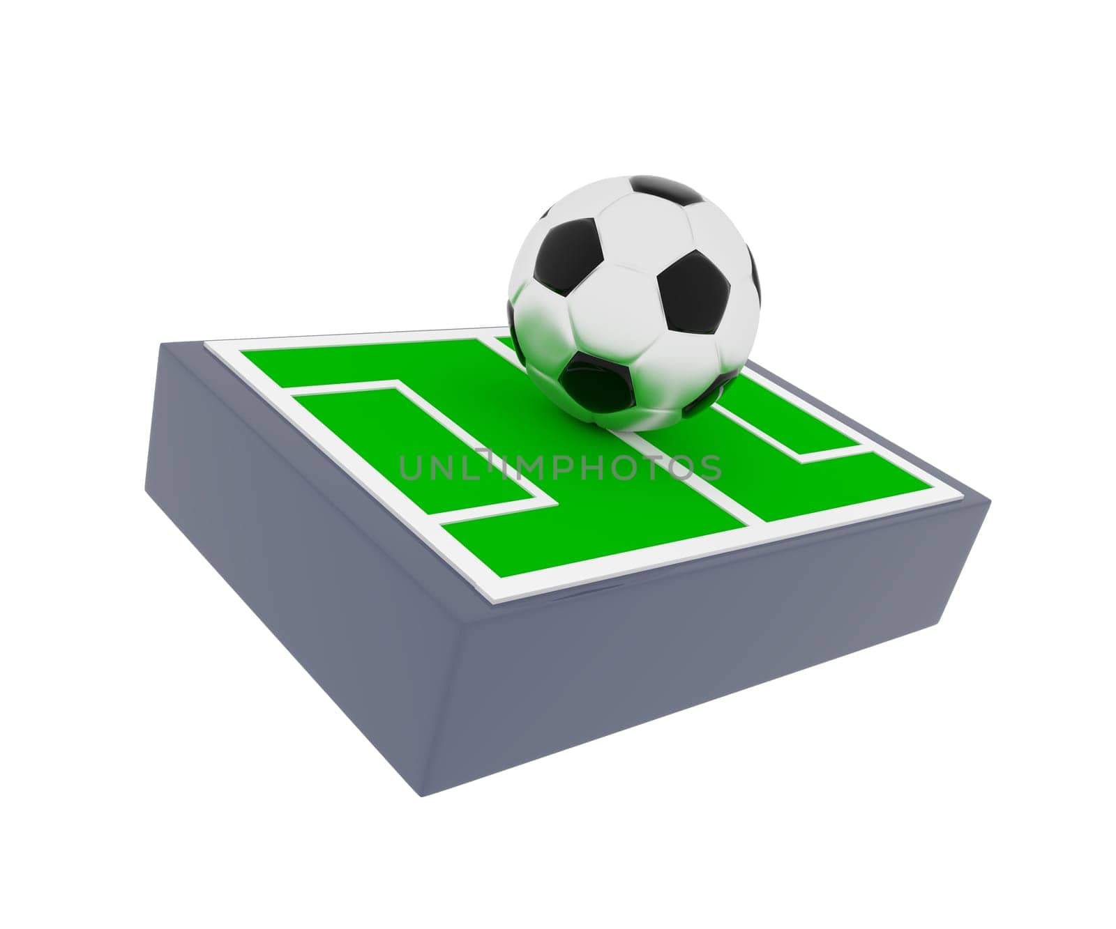Soccer field with a big soccer ball, 3d rendering