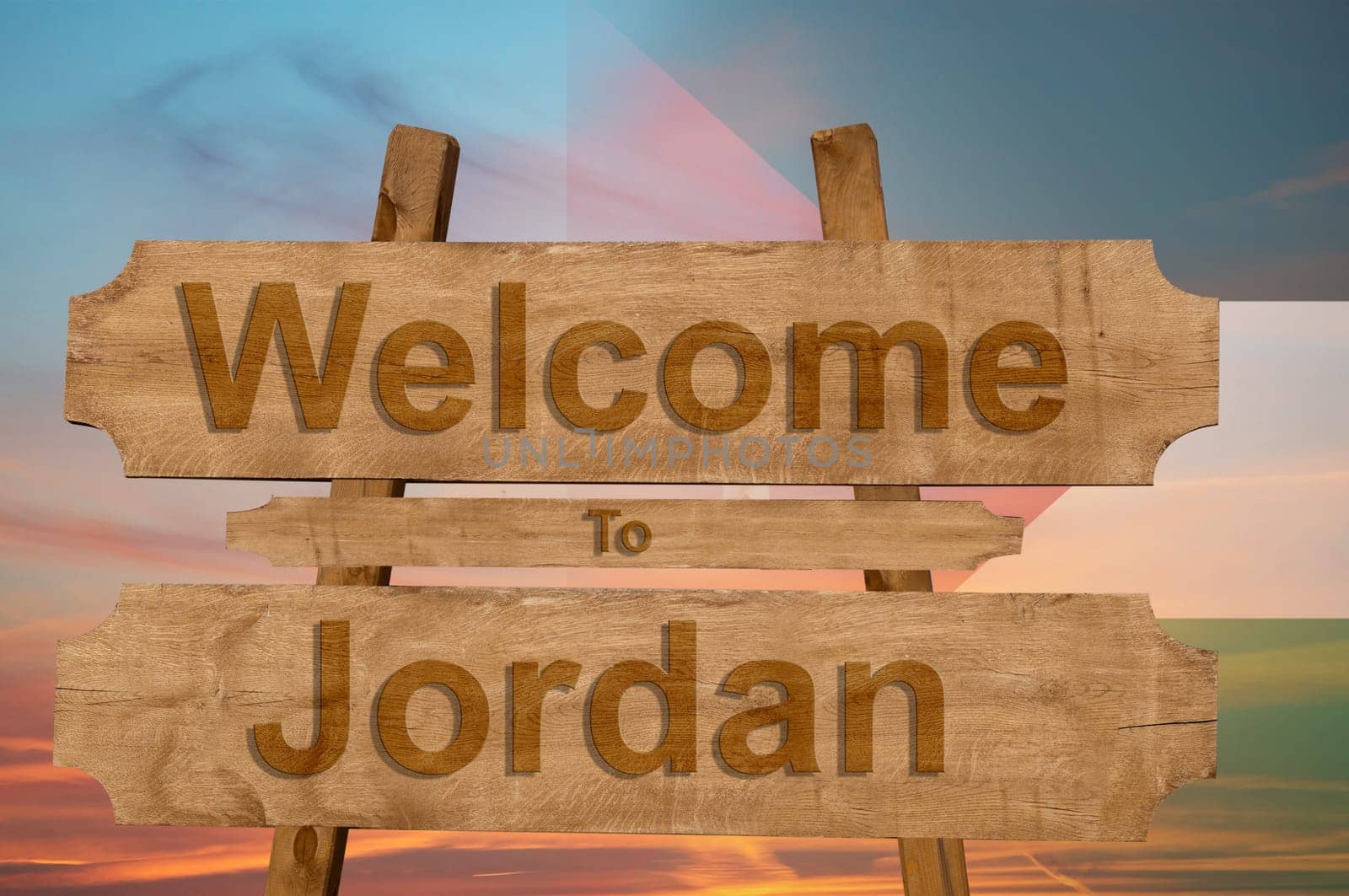 welcome to jordan sign on wood background with blending national flag