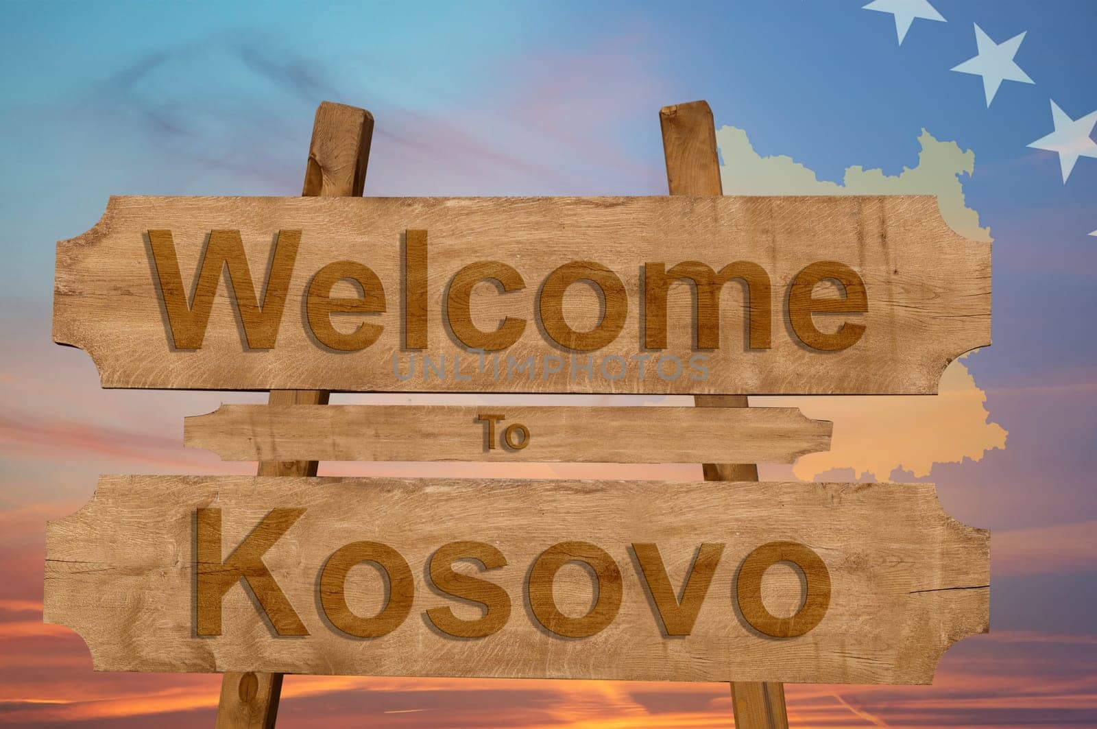 welcome to kosovo sign on wood background with blending national flag
