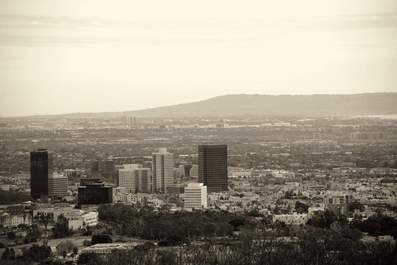 The skyline of Los Angeles with various high-rise buildings in the city center surrounded by parks and infrastructure.