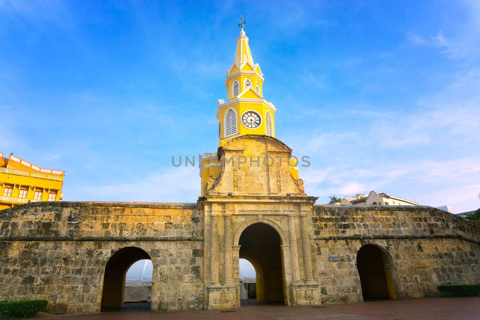 The clock tower gate is the main entrance to the historic old city of Cartagena, Colombia