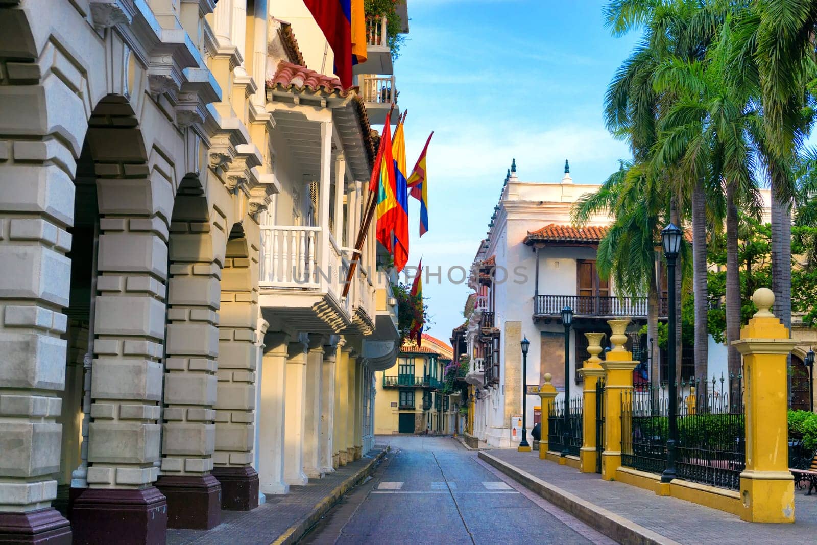 Early morning view of a street passing next to Bolivar Plaza in Cartagena, Colombia
