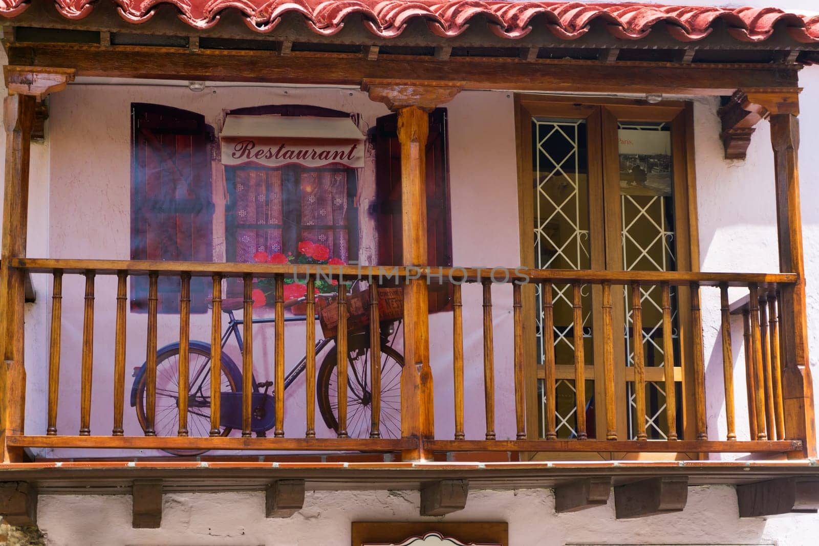 CARTAGENA, COLOMBIA - MAY 23: Balcony of a restaurant with a bicycle on it in Cartagena, Colombia on May 23, 2016