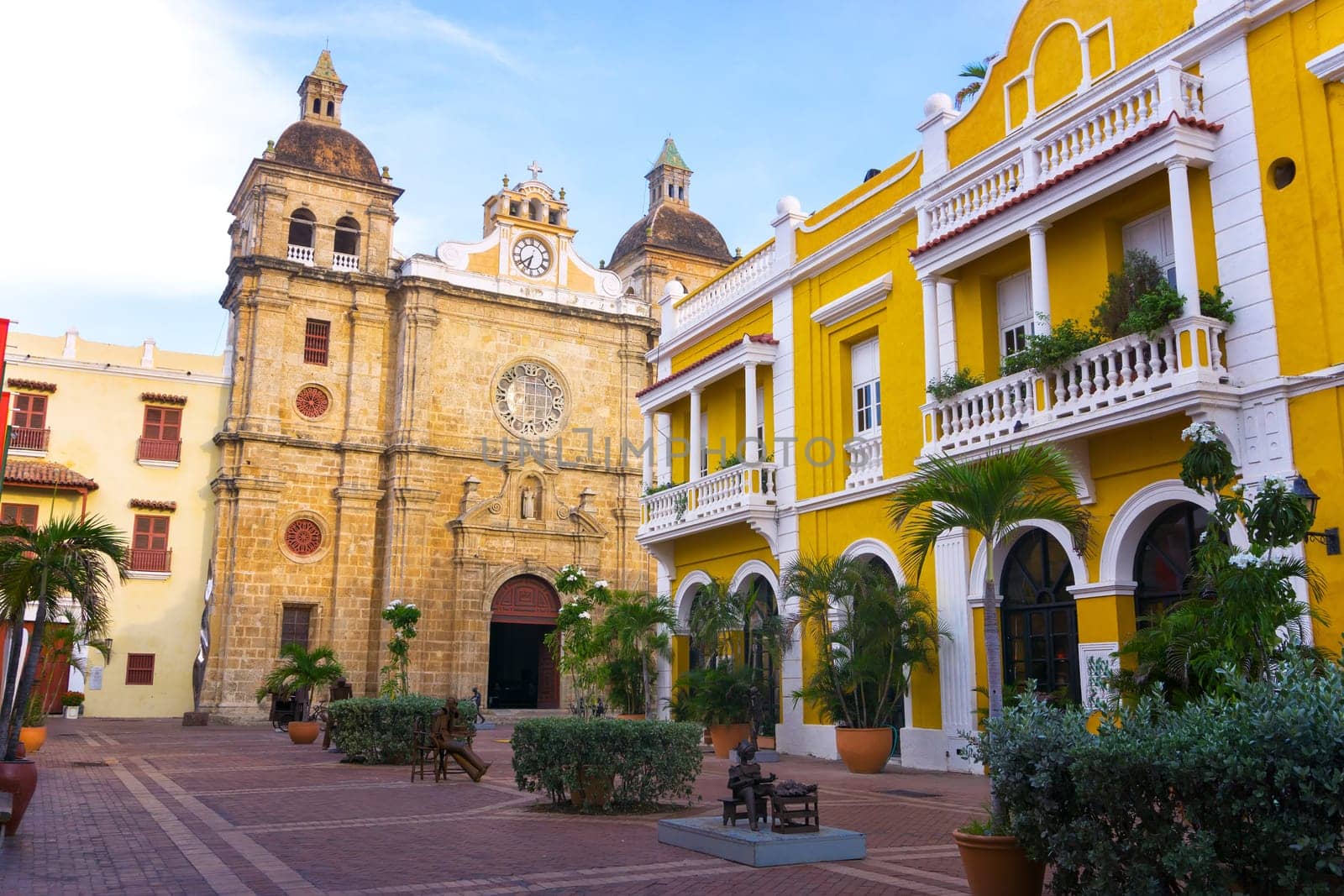 View of colonial architecture and San Pedro Claver church in Cartagena, Colombia