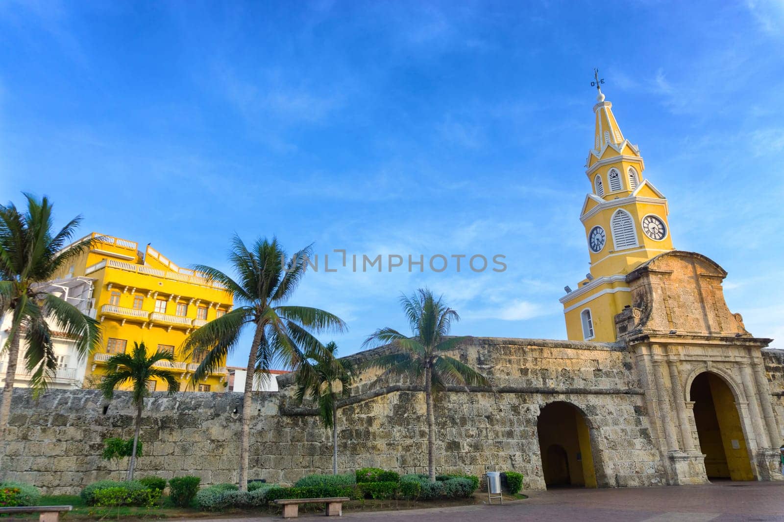 View of the clock tower gate in the walled old city in Cartagena, Colombia