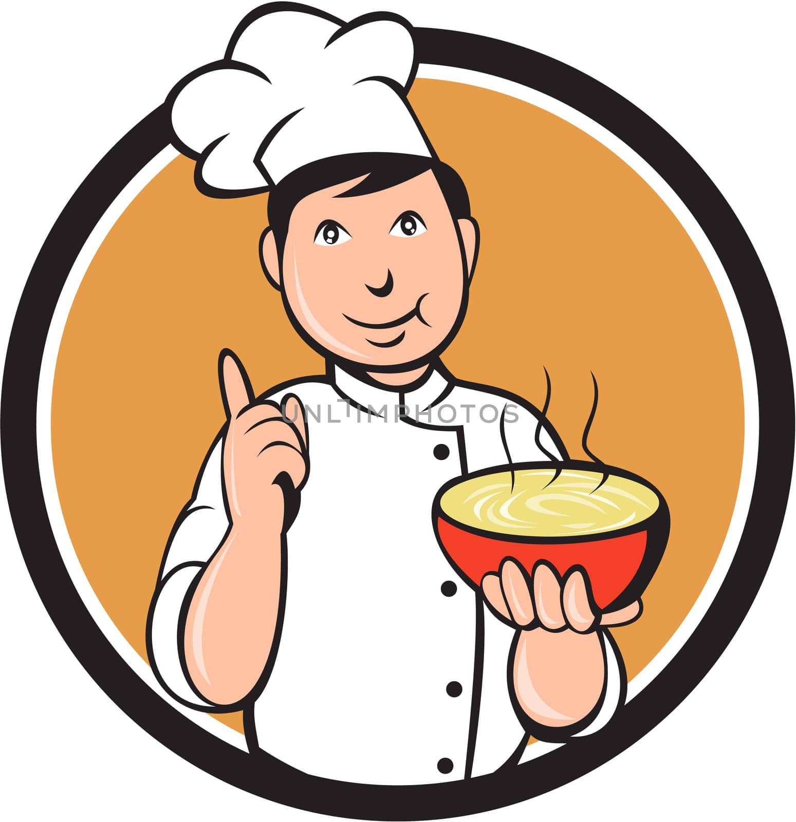 Illustration of an asian chef holding a bowl of noode and doing the number one sign with the other hand viewed from front set inside circle on isolated background done in cartoon style.