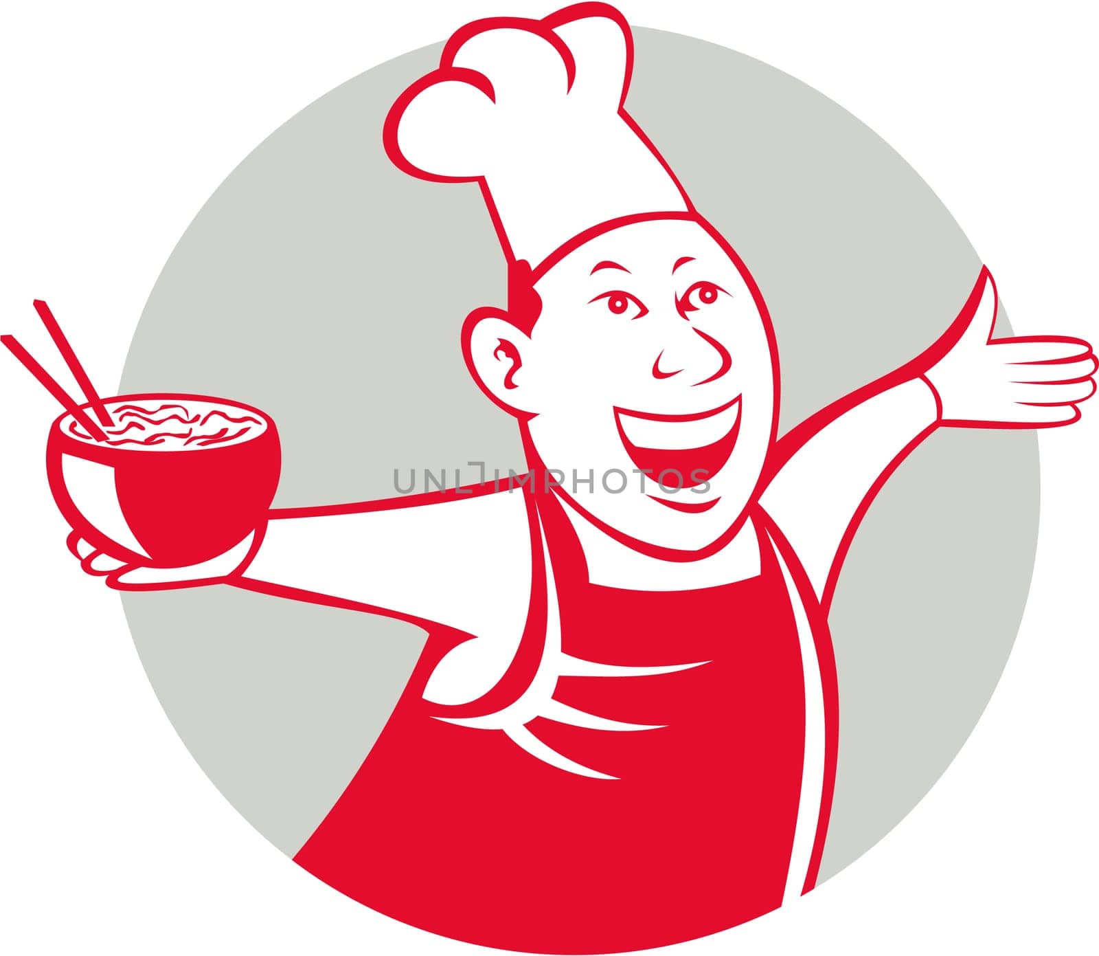 Illustration of an asian chef dancing holding serving a bowl of noodle viewed from front set inside circle on isolated background done in cartoon style.