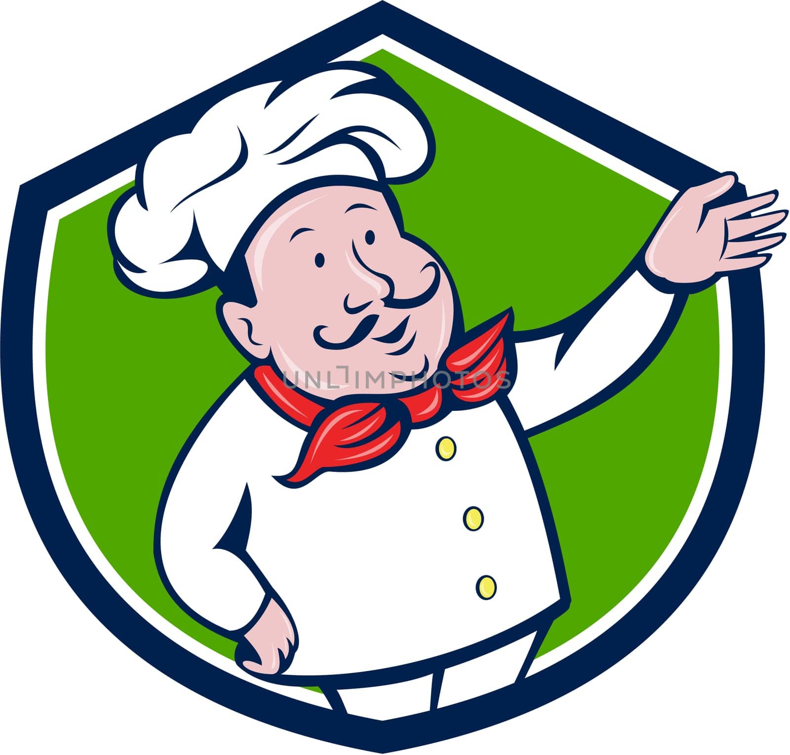 Illustration of a french chef cook baker with moustache wearing hat and bandana on neck with arm out welcoming greeting viewed from front set inside shield crest on isolated background done in cartoon style.