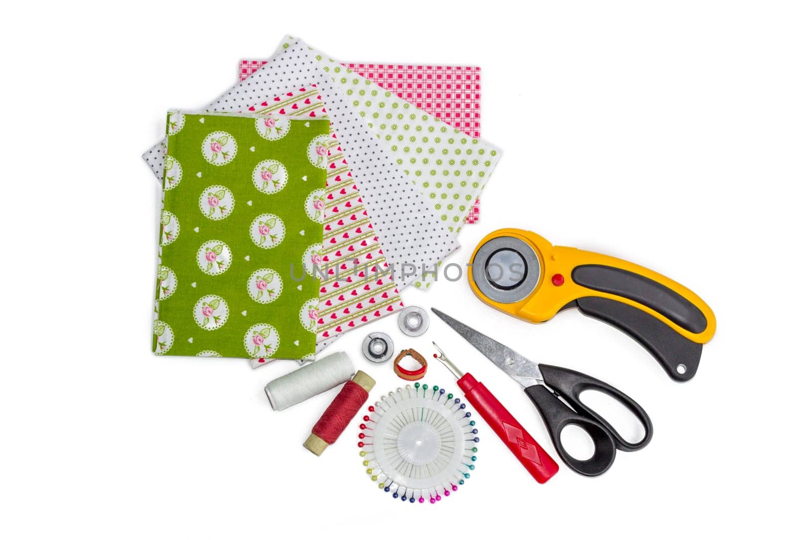 Composition of patchwork instruments, items and fabrics