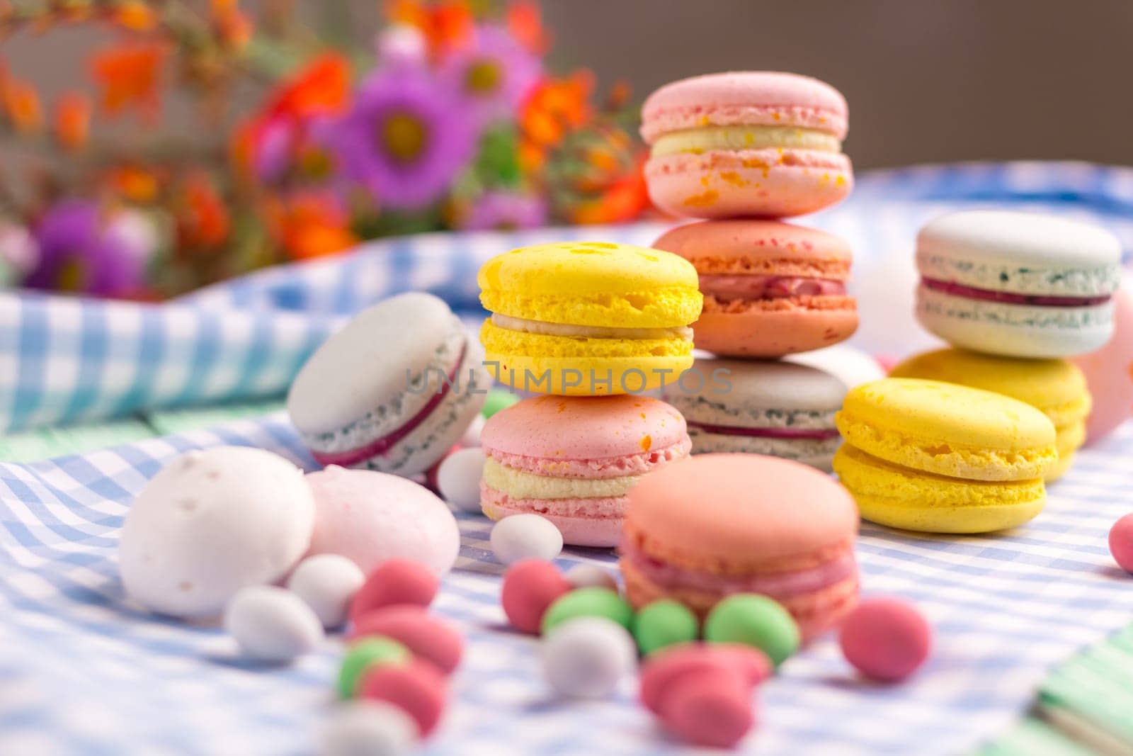 Sweet still life with macaroon cookies and marshmallow