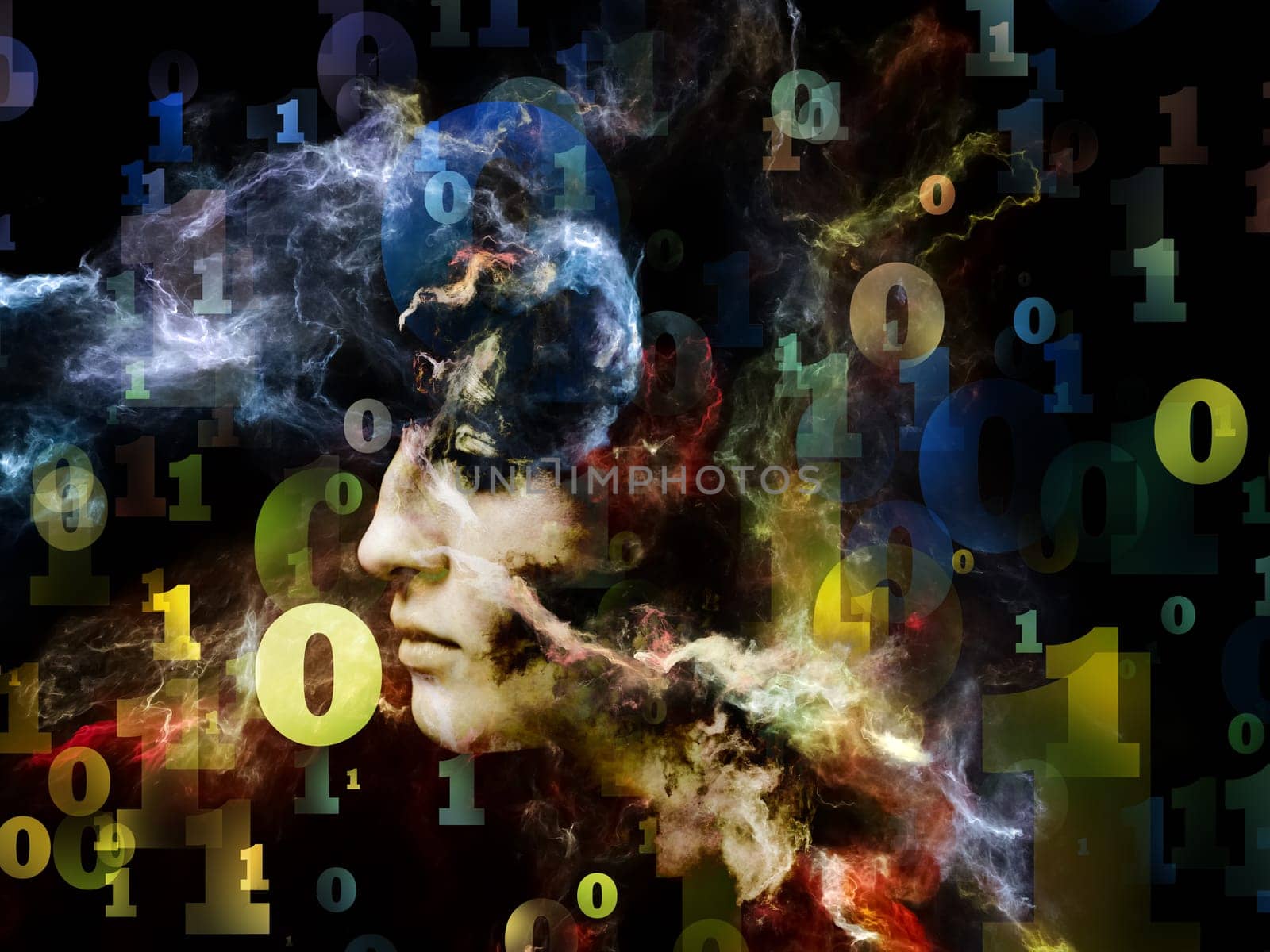 Memory of Me series. Composition of female portrait, numbers and space texture  with metaphorical relationship to art, philosophy and spirituality