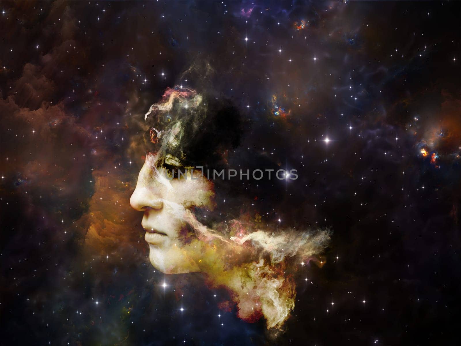 Memory of Me series. Composition of female portrait and space texture  suitable as a backdrop for the projects on art, philosophy and spirituality