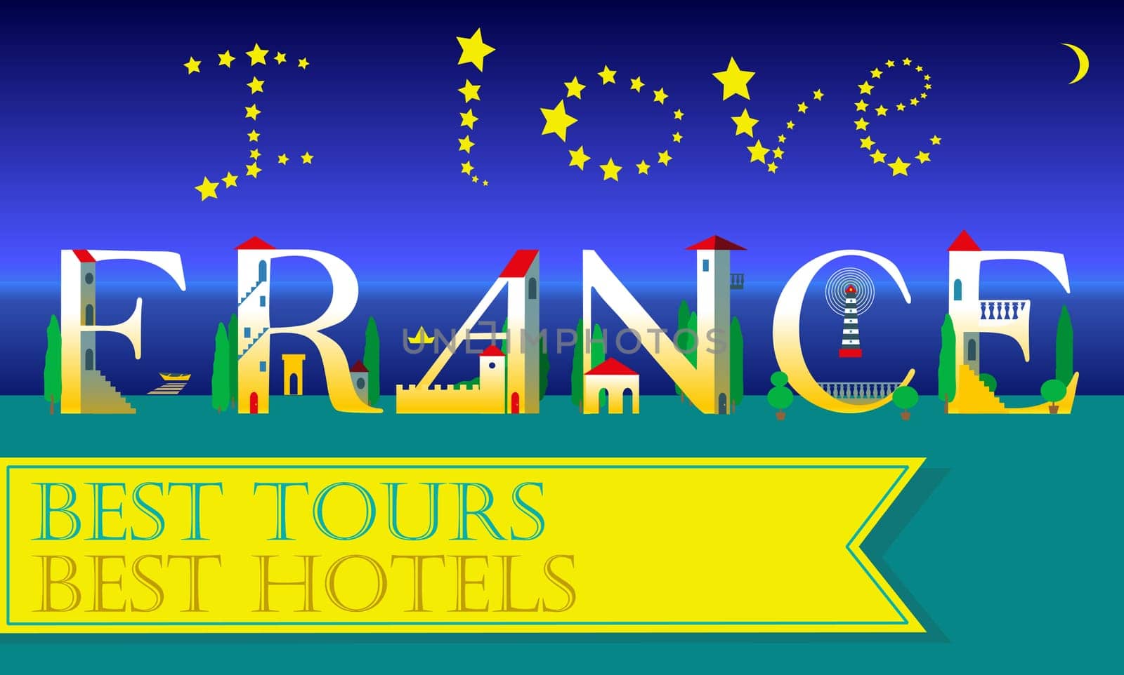I love France. Travel card. Artistic font. White houses on the night beach. Yellow banner for custom text. Stars in the sky. Illustration