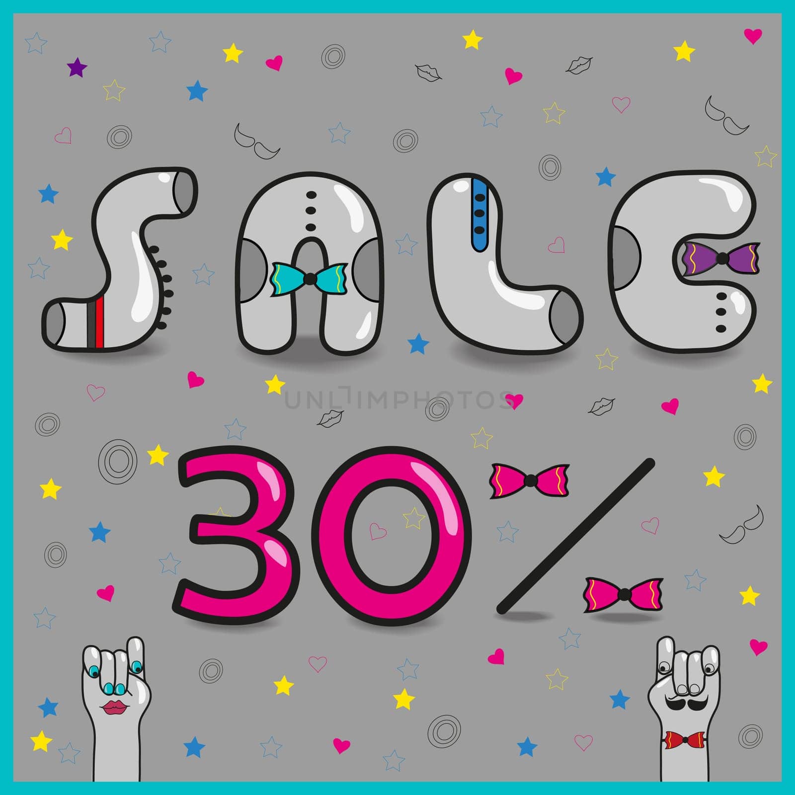 Inscription for retail. Sale Thirty percents. Gray artistic font. Vintage letters with colorful ties. Cartoon hands looking at each other. illustration