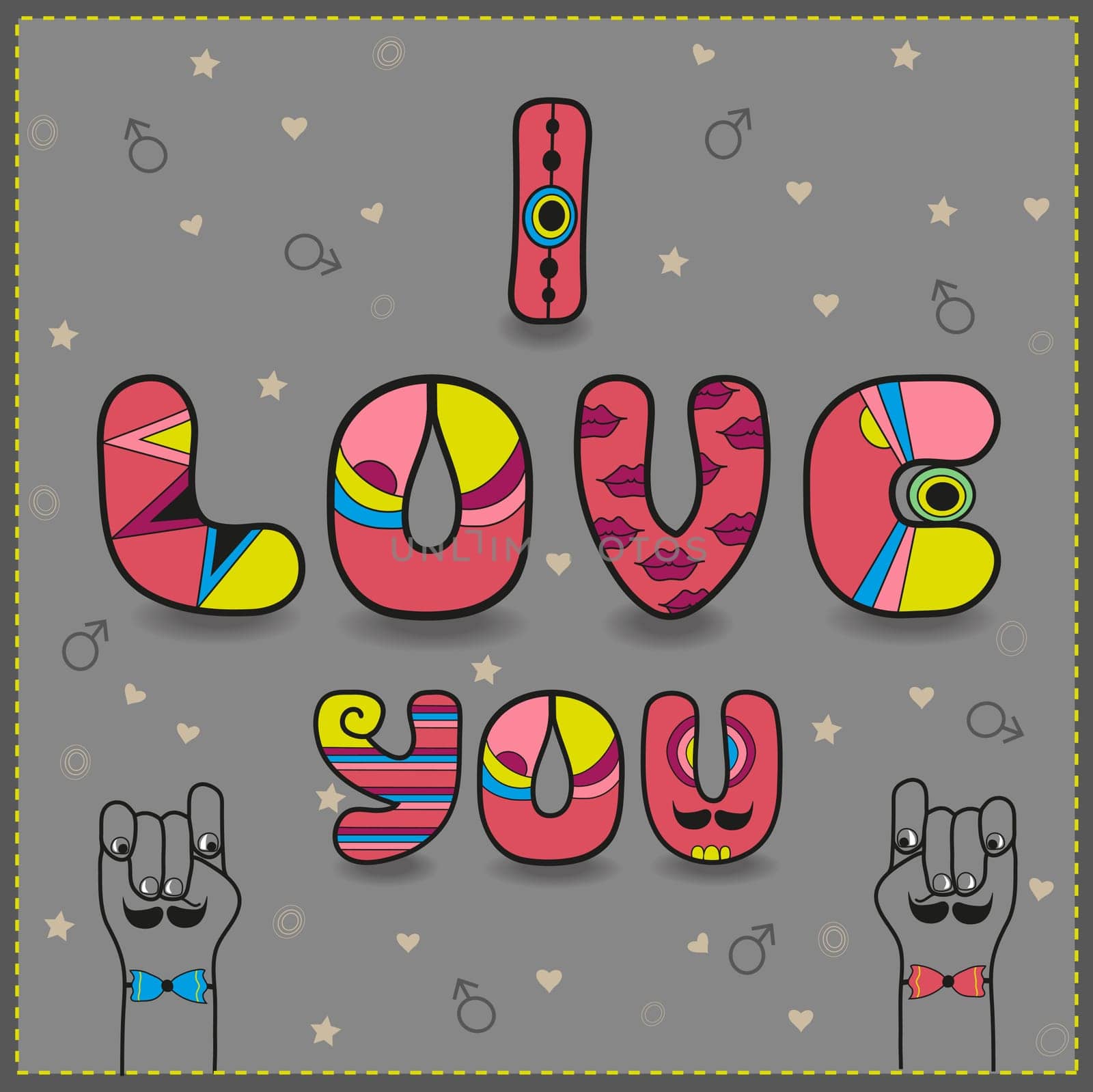 Inscription for gay men in love. I love you. Artistic font. Pink letters. Gray background. Cartoon hands looking at each other. illustration.