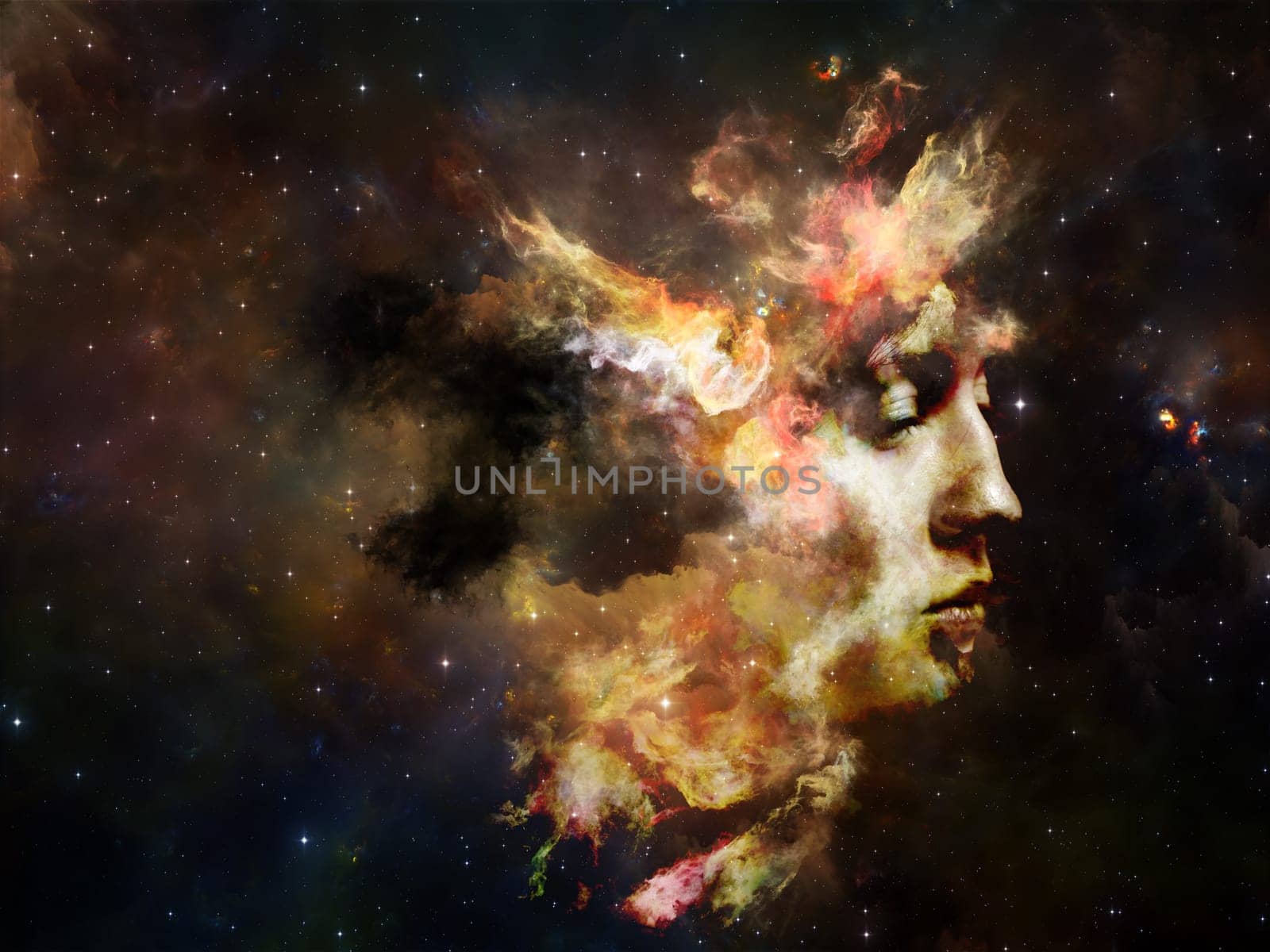 Memory of Me series. Composition of female portrait and space texture  suitable as a backdrop for the projects on art, philosophy and spirituality