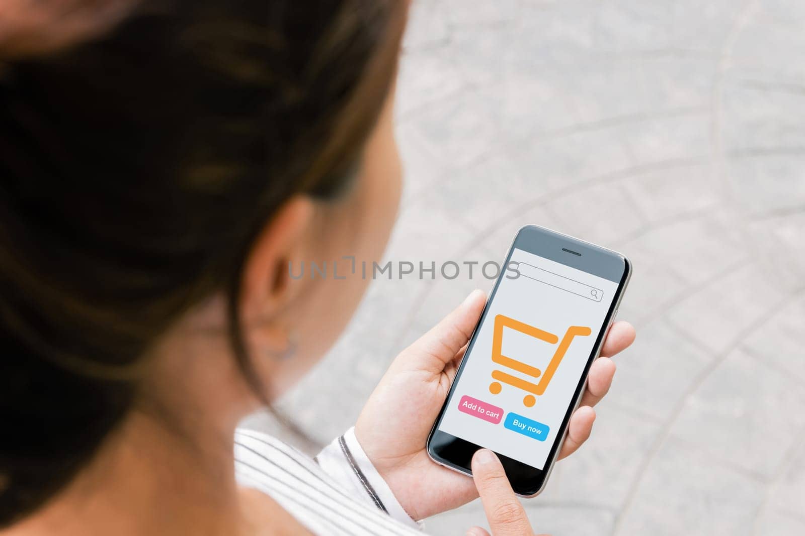close up woman use phone shopping online on thrid person view