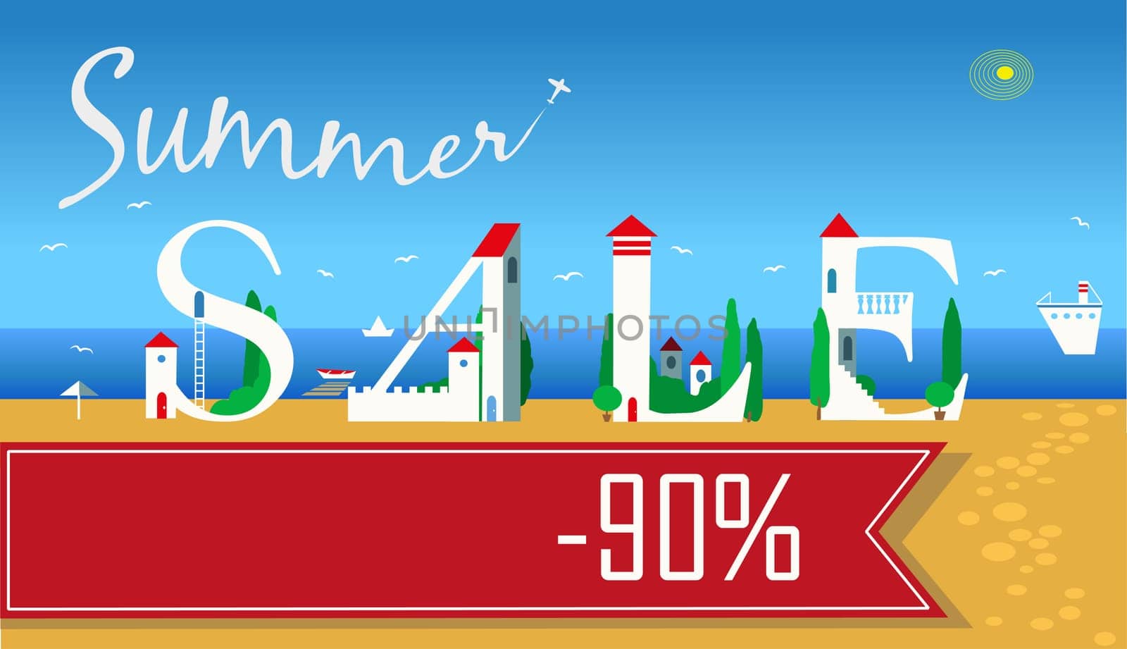 Inscription for retail. Smmer Sale. Ninety percents. Cute white houses on the coast. Plane in the sky. Banner for custom text. illustration
