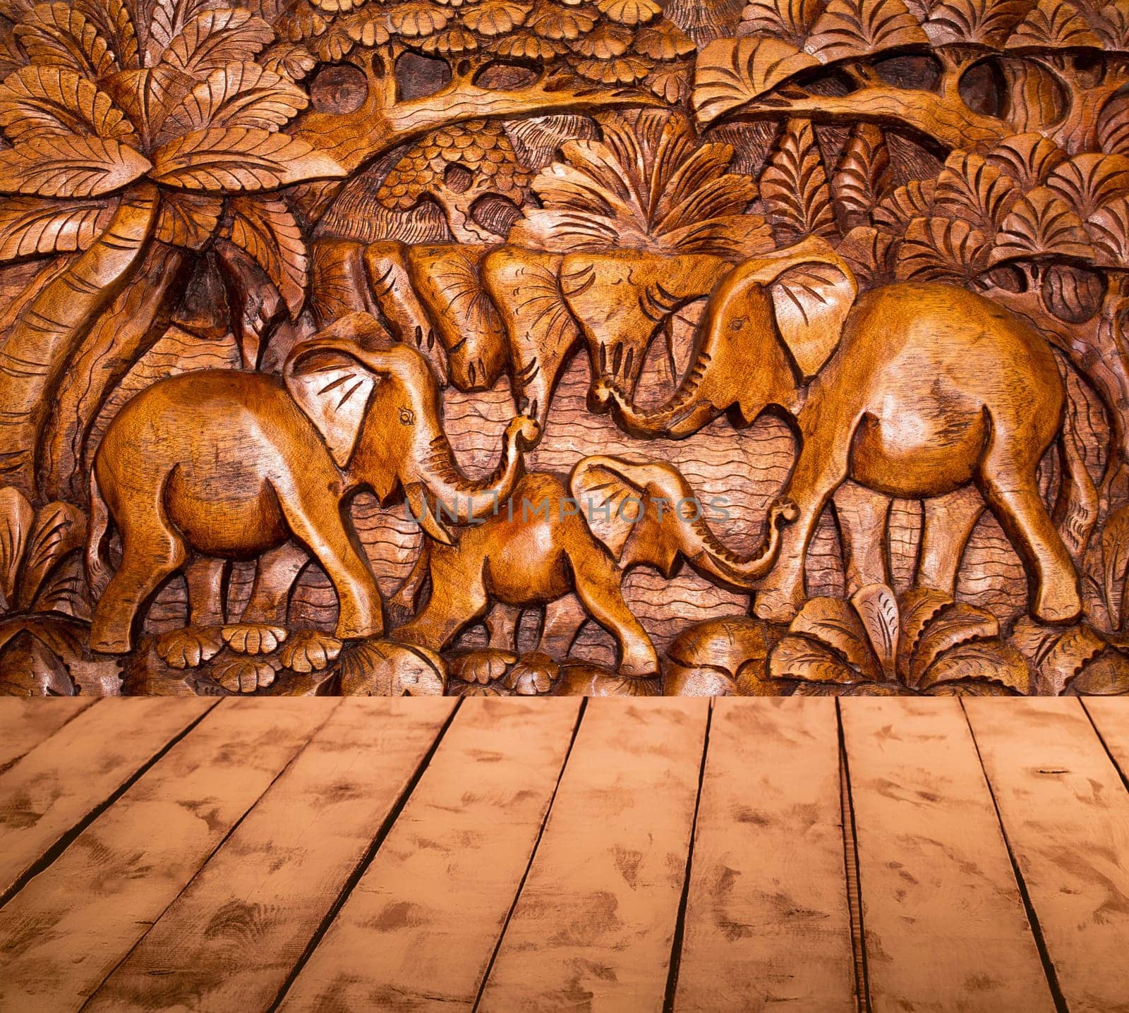 The wooden decoration and wooden floor. The concept of invitation to India