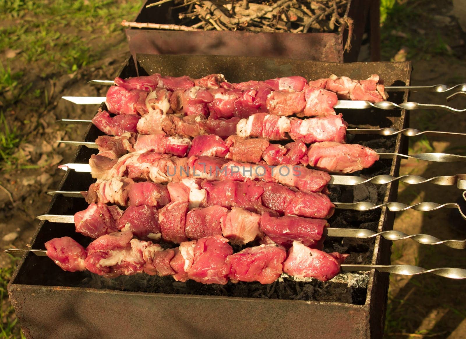 Crude shish kebab skewer on the grill