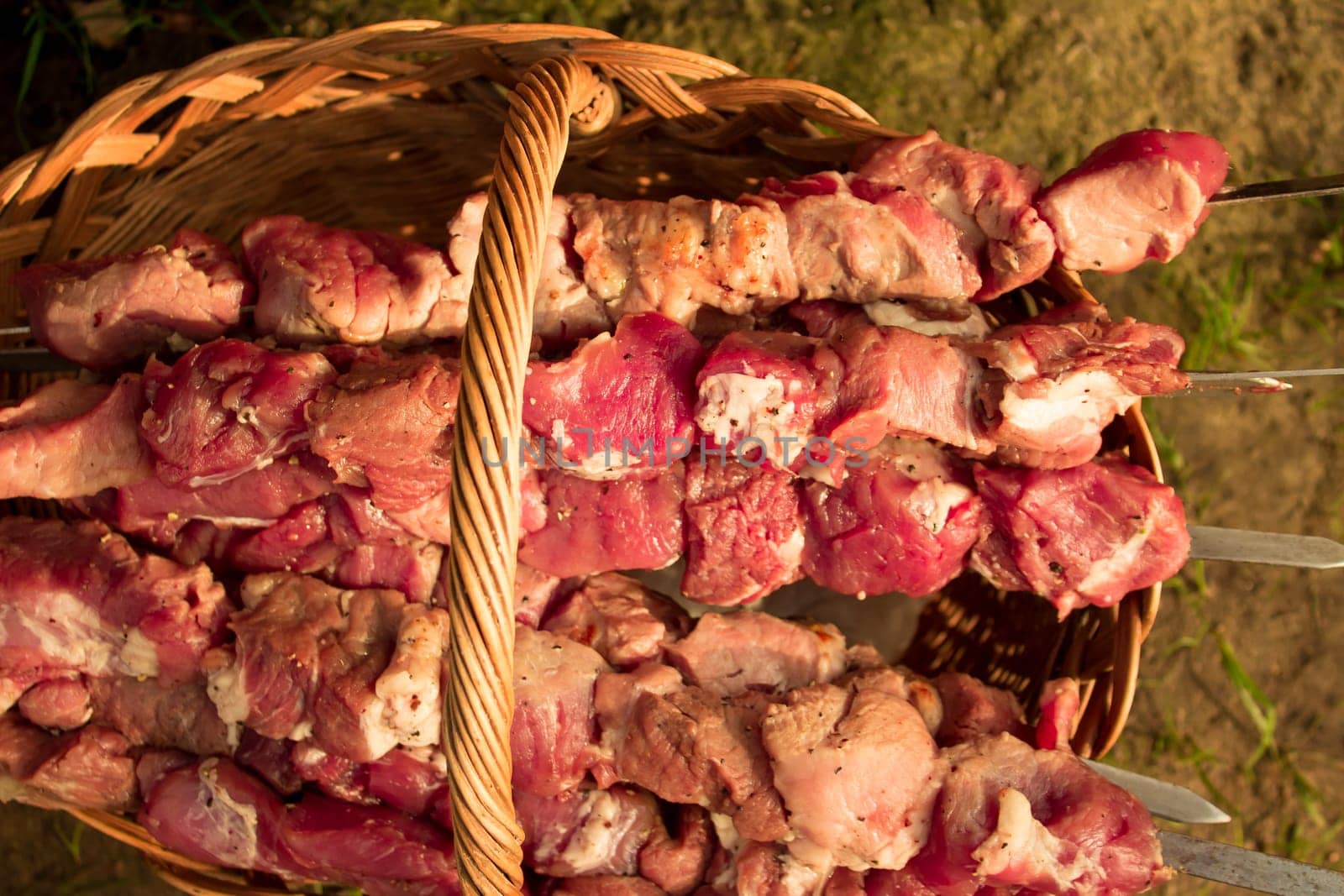 Crude shish kebab skewer in a basket