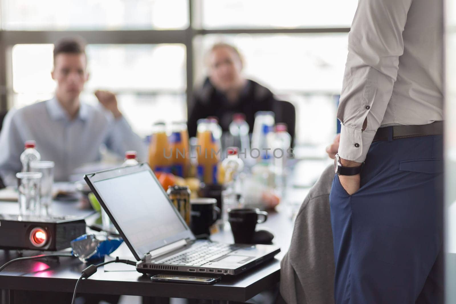 Business man making a presentation at office. Business executive delivering a presentation to his colleagues during meeting or in-house business training. Rear view. Business and entrepreneurship.