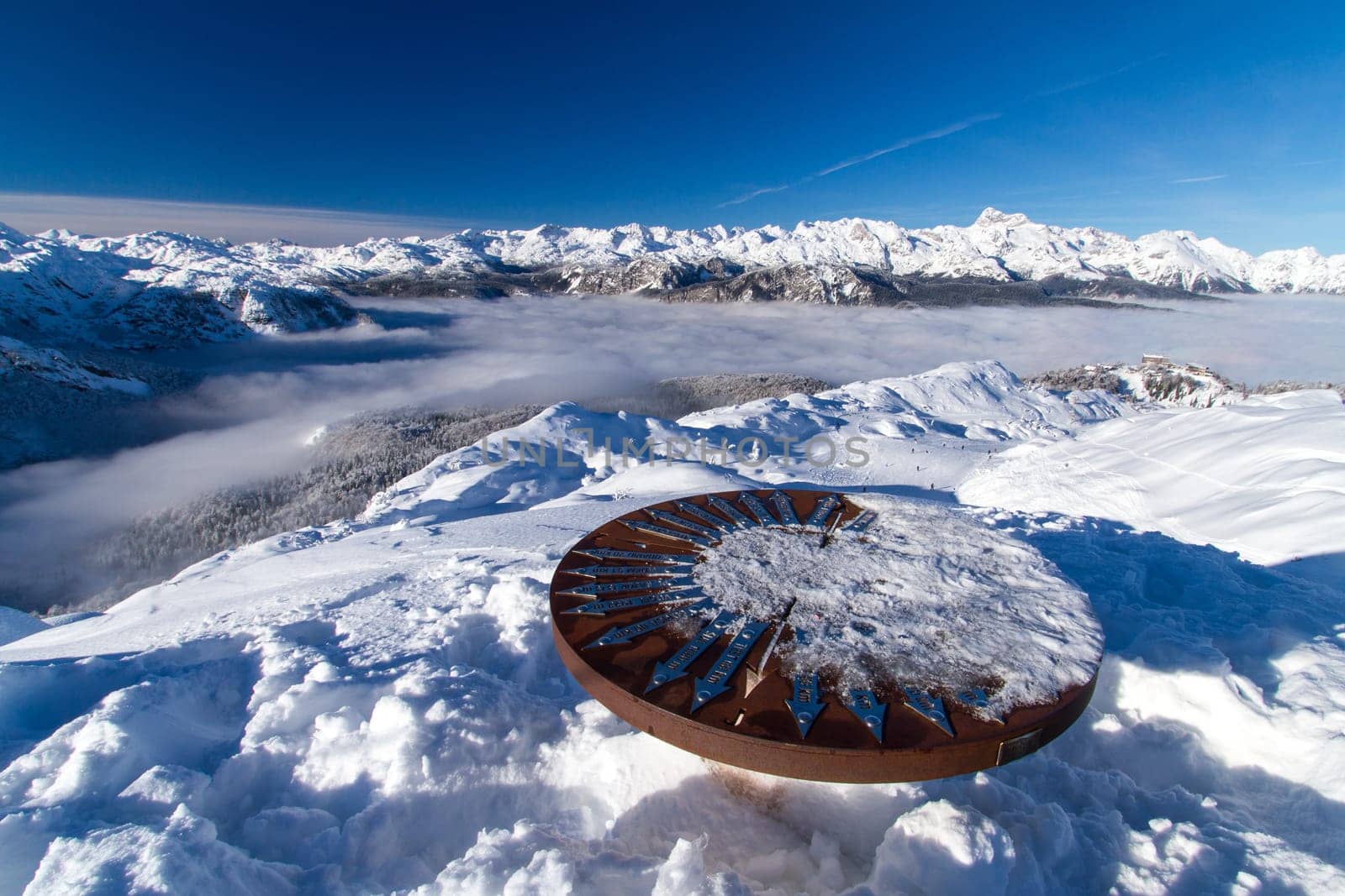 Orientation table on top of mountain Vogel, ski slope in slovenian Alps, Slovenia.