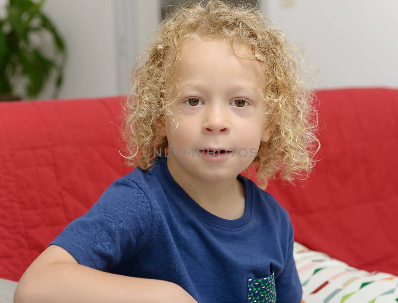 a portrait of a little boy with blond curly hair