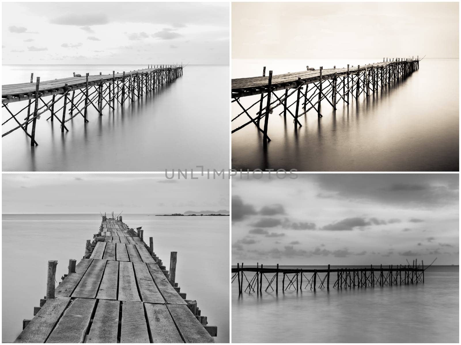 Photo collage with black and white photography of beach wooden pier