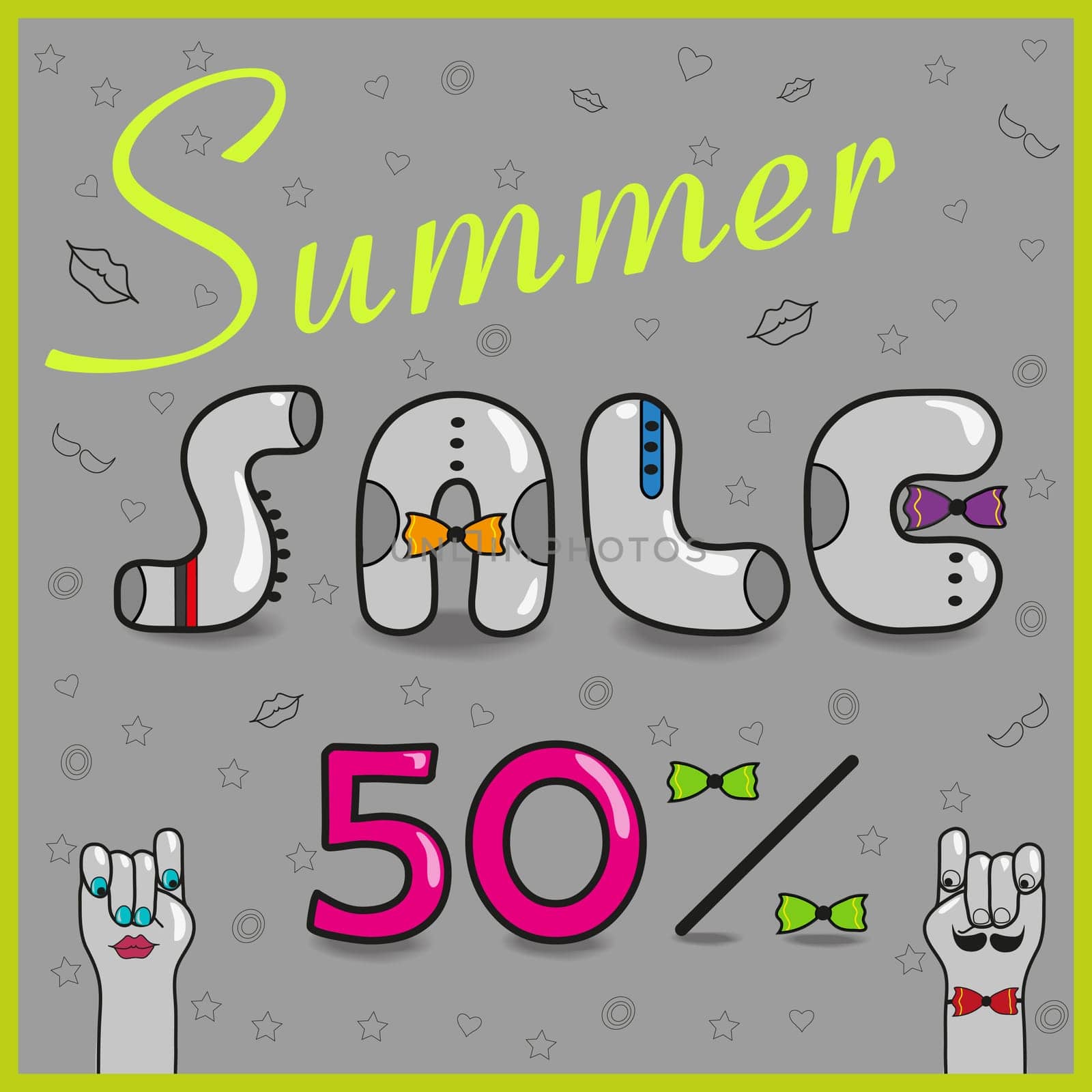 Inscription summer sale with hipster style. Fifty percents. Gray letters with colorful ties. Cartoon hands looking at each other. Illustration.