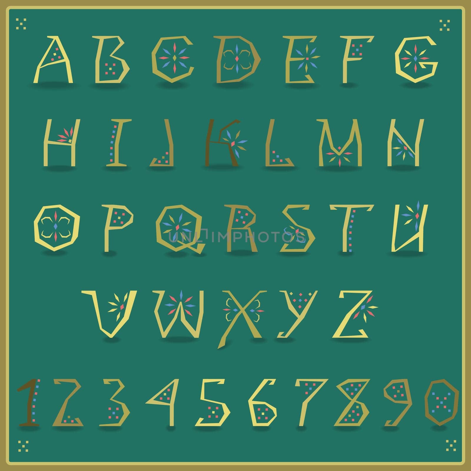 Golden Alphabet with ethnic ornament. Artistic yellow font with green background. Illustration.