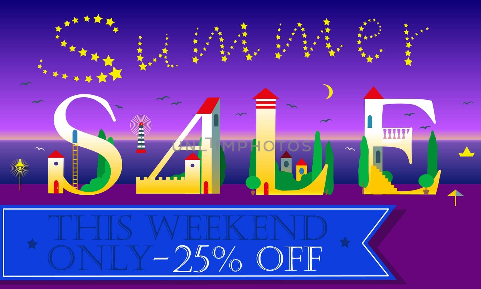 Summer Sale Inscription. This weekend only. Twenty five percents off. Holiday houses Font. Stars in the sky. Blue banner for custom text. Illustration.