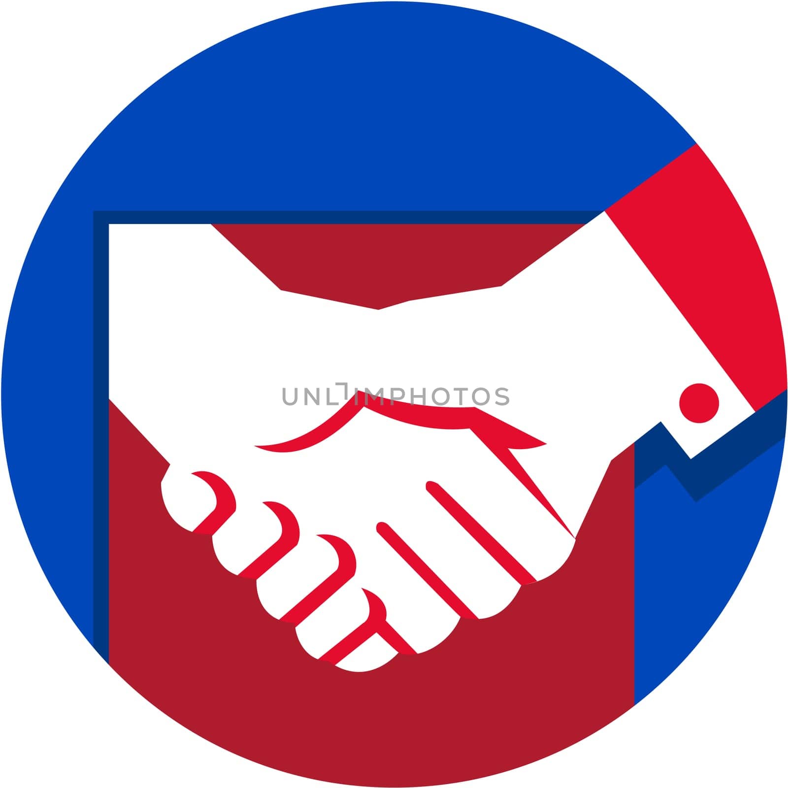 Illustration of a hand shaking business deal set inside circle done in retro style.