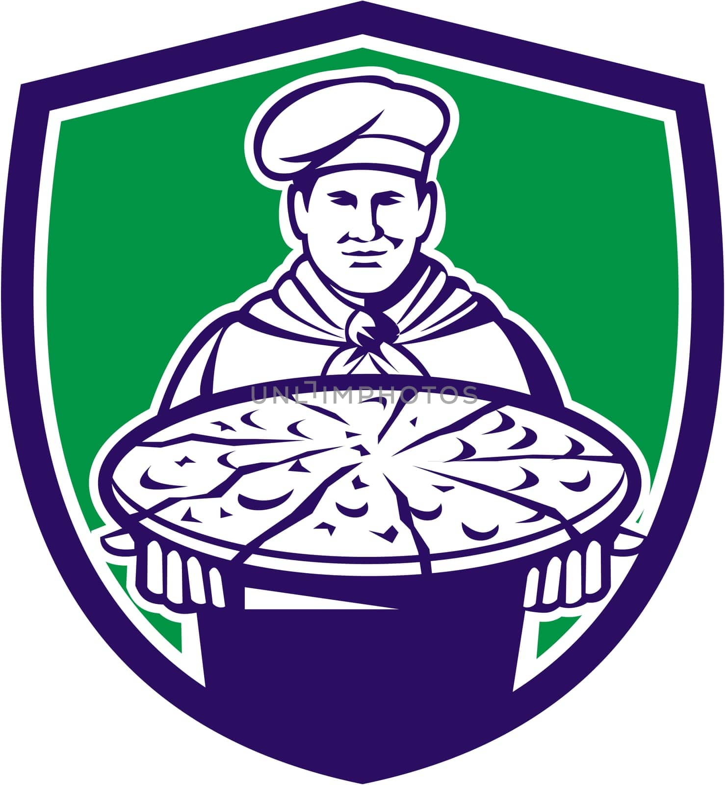 Illustration of a chef, cook baker serving pizza platter facing front set inside shield crest on isolated background done in retro style.