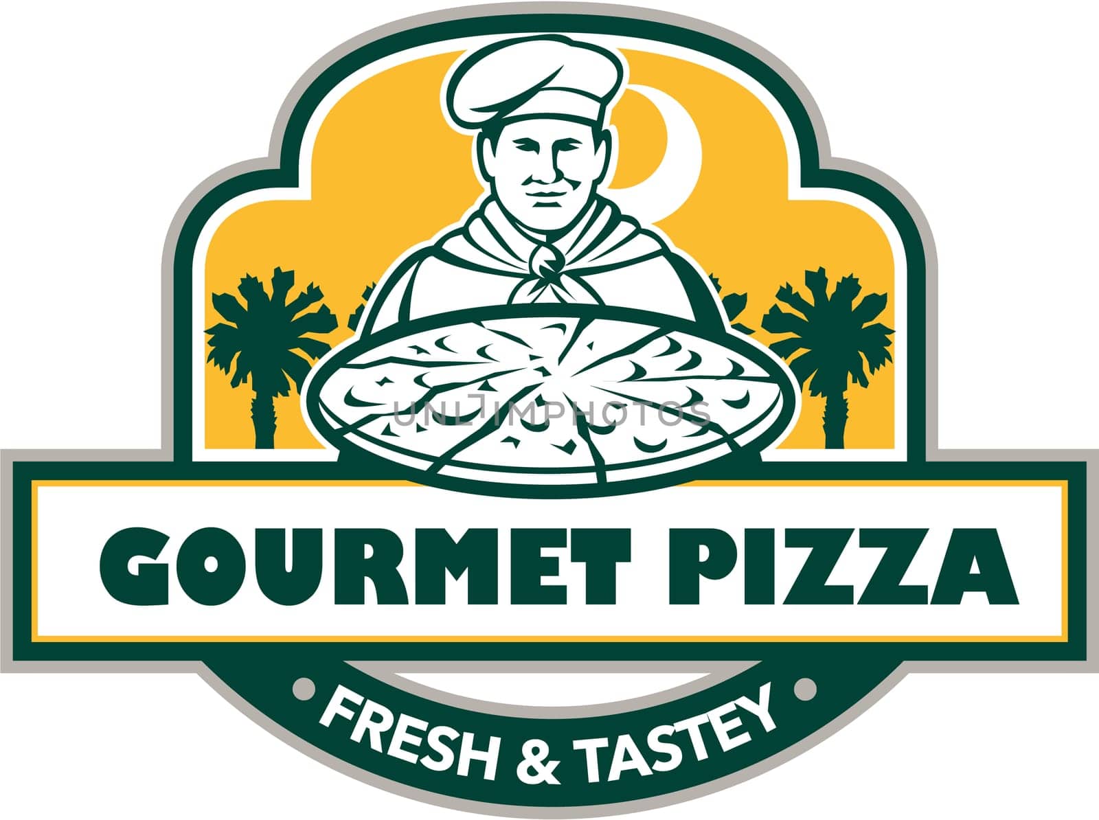Illustration of a chef with pizza set inside shield and banner with the words text Gourmet Pizza Fresh & Tastey and palmetto trees in the background done in retro style.